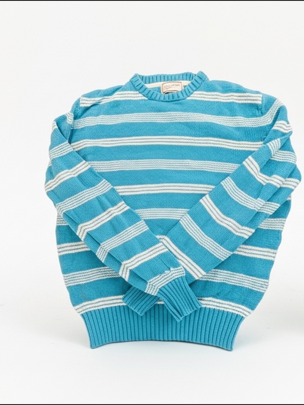 Vintage 1980s Merona Teal and White Striped Crewneck Sweater